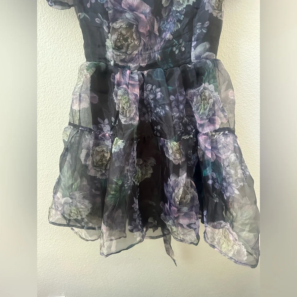 Lulus Exceptional Fate Black Floral Organza Puff Sleeve Mini Dress women’s S - Picture 7 of 9